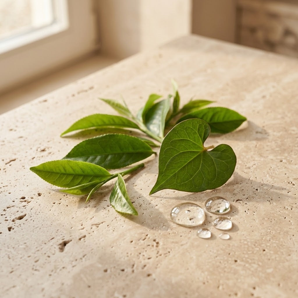Groene thee, heartleaf en heldere serumdruppels