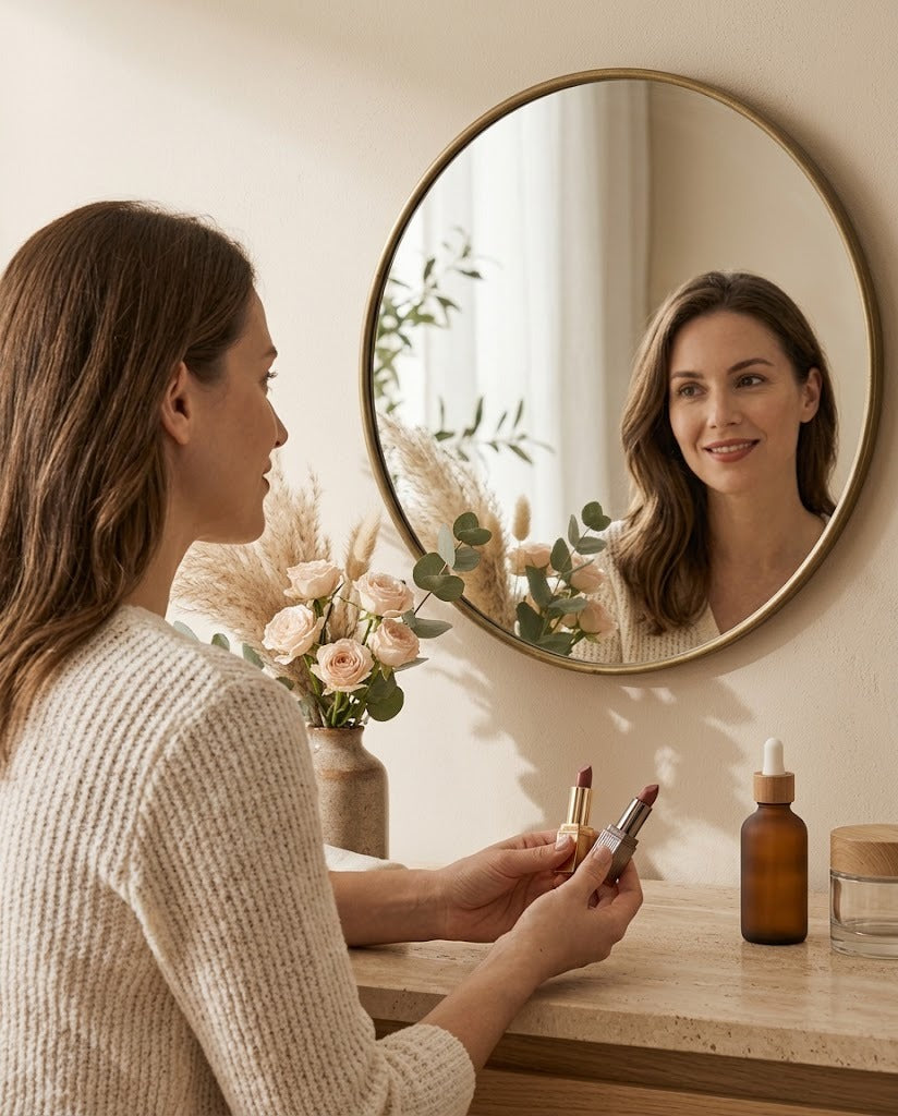 Vrouw kiest lippenstift aan de spiegel