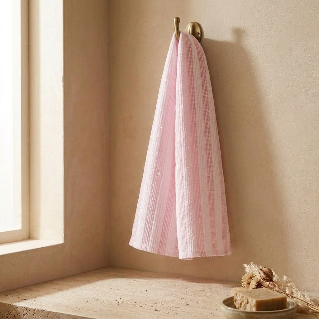 Roze scrubdoek hangt te drogen aan een haak