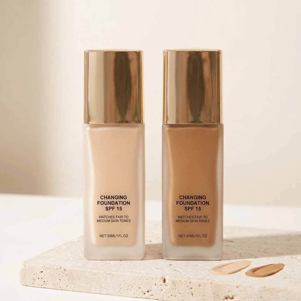 Changing Foundation Natural en Deep op travertin