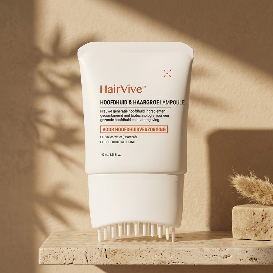 HairVive hoofdhuid en haargroei ampoule op een travertin plank