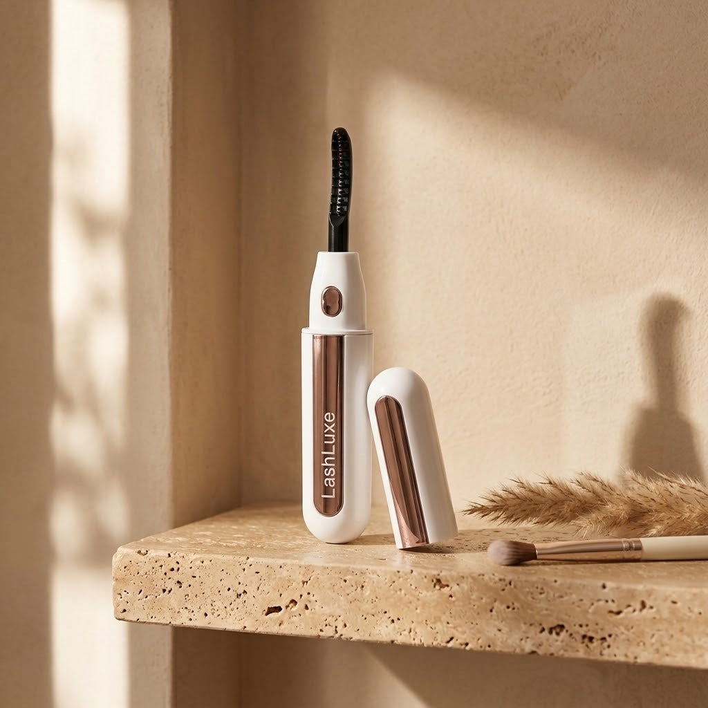 LashLuxe Verwarmde Wimperkruller op een travertin plank