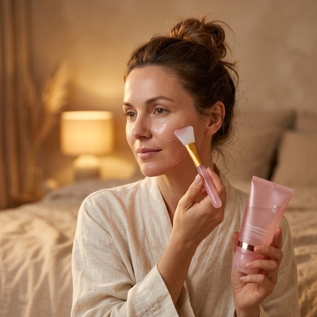 Vrouw brengt NightGlow nachtmasker aan met het kwastje