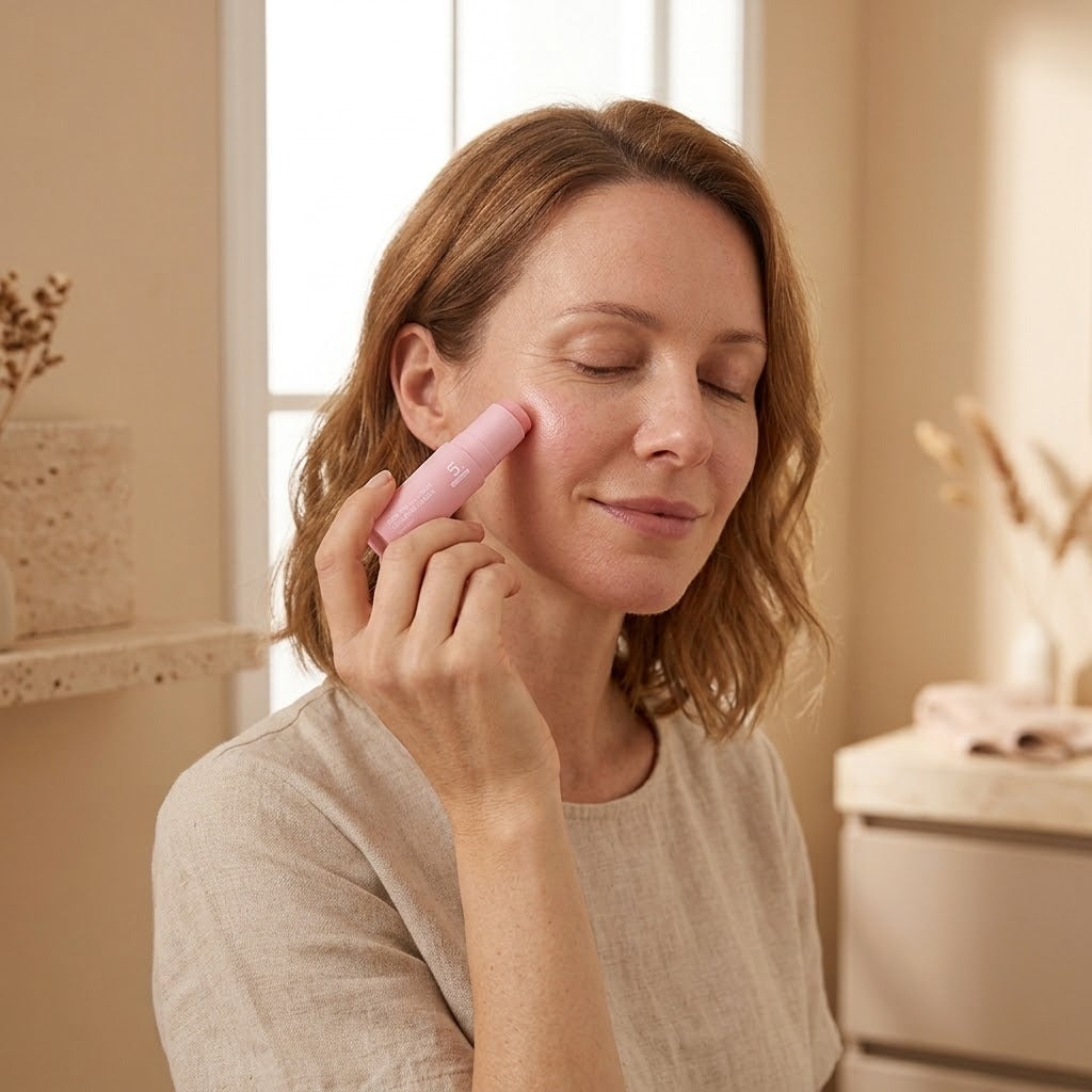 Vrouw brengt PinkGlow balm stick aan onder haar oog