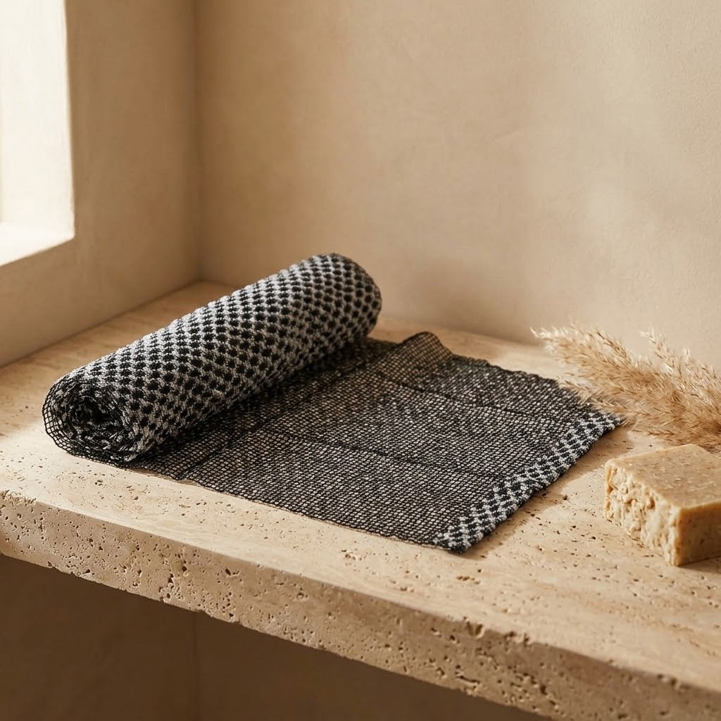 Scrubdoek zwart op travertin plank