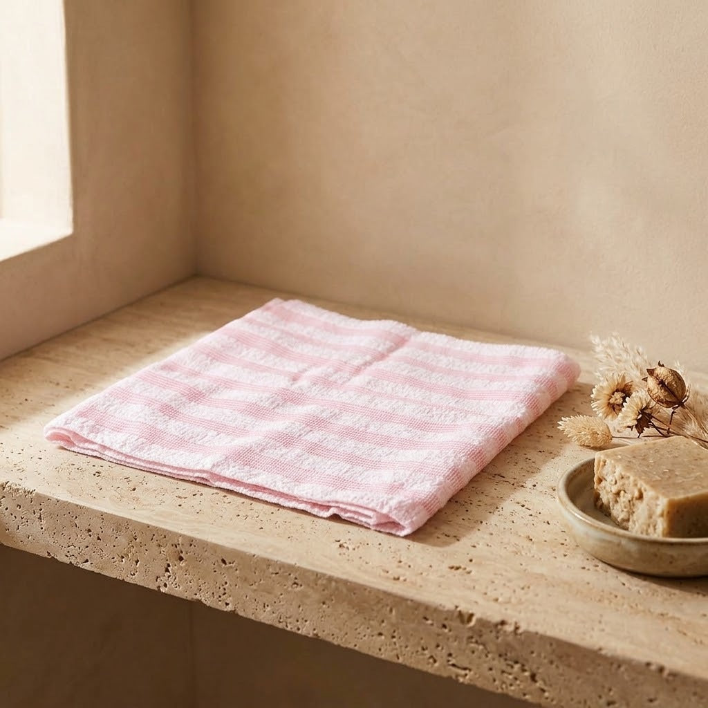 Scrubdoek roze op travertin