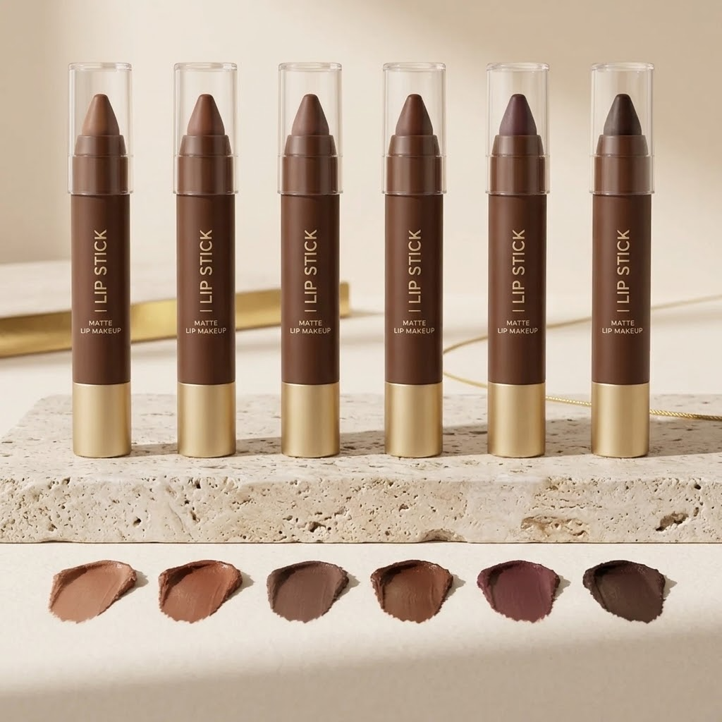VelvetLine, zes stiften op travertin met swatches