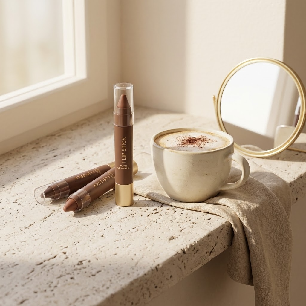 VelvetLine op het make-upplankje naast een cappuccino